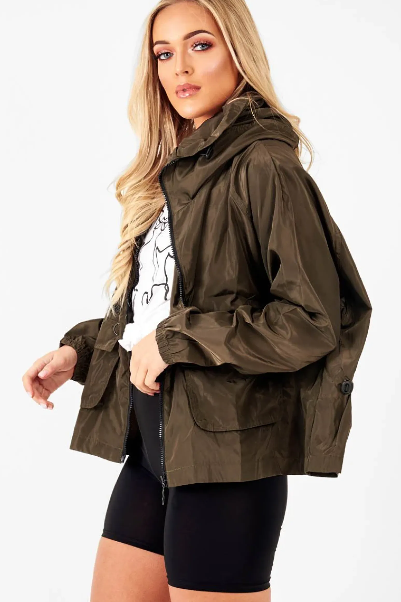 Rebellious Fashion Khaki Ring Pull Zip Front Windbreaker Jacket - Tesla