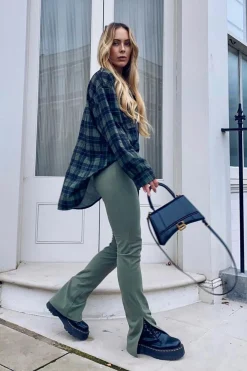 Rebellious Fashion Khaki Ring Zip Front Split Side Crepe Trousers - Ashton