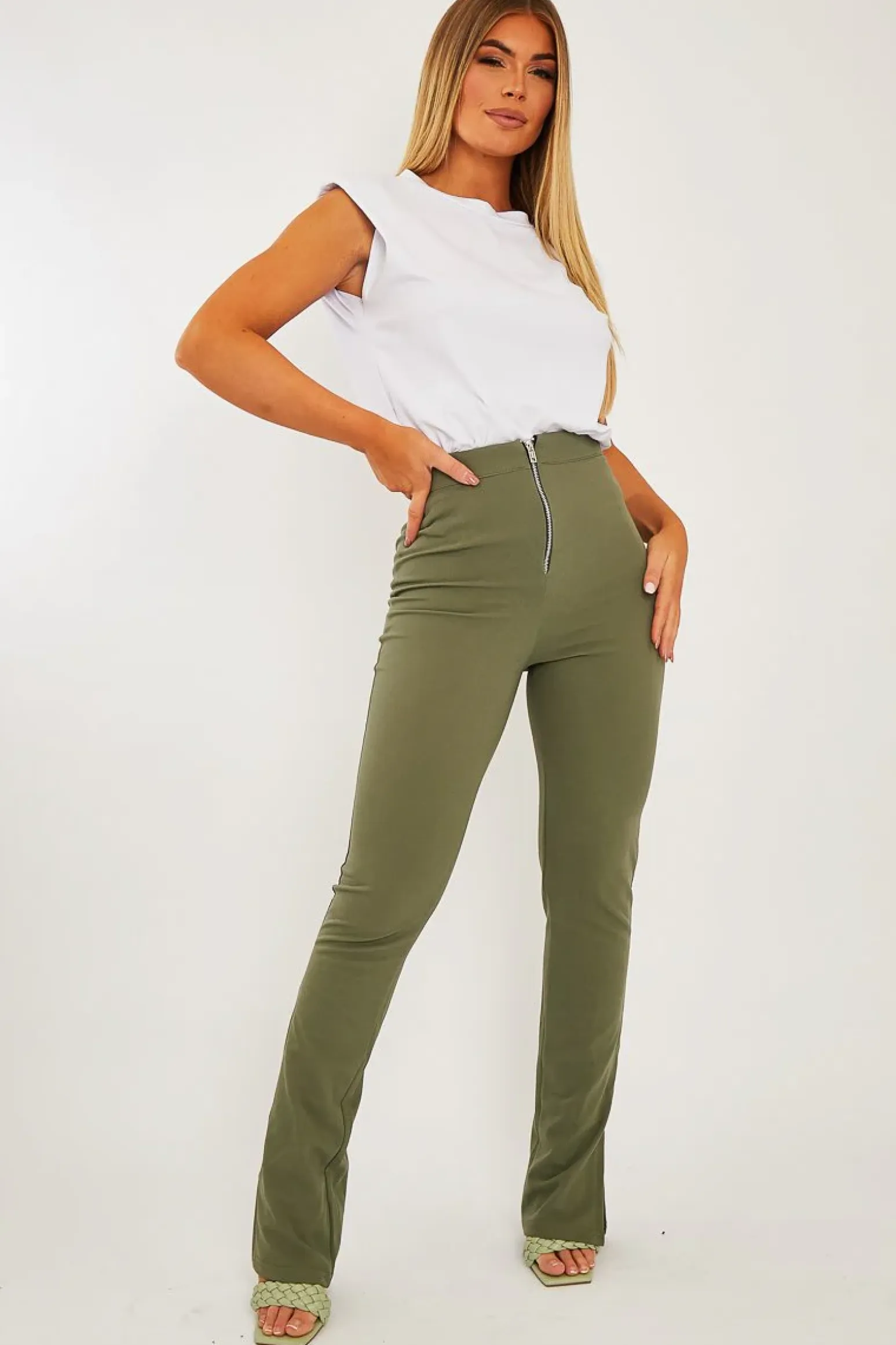 Rebellious Fashion Khaki Ring Zip Front Split Side Crepe Trousers - Ashton