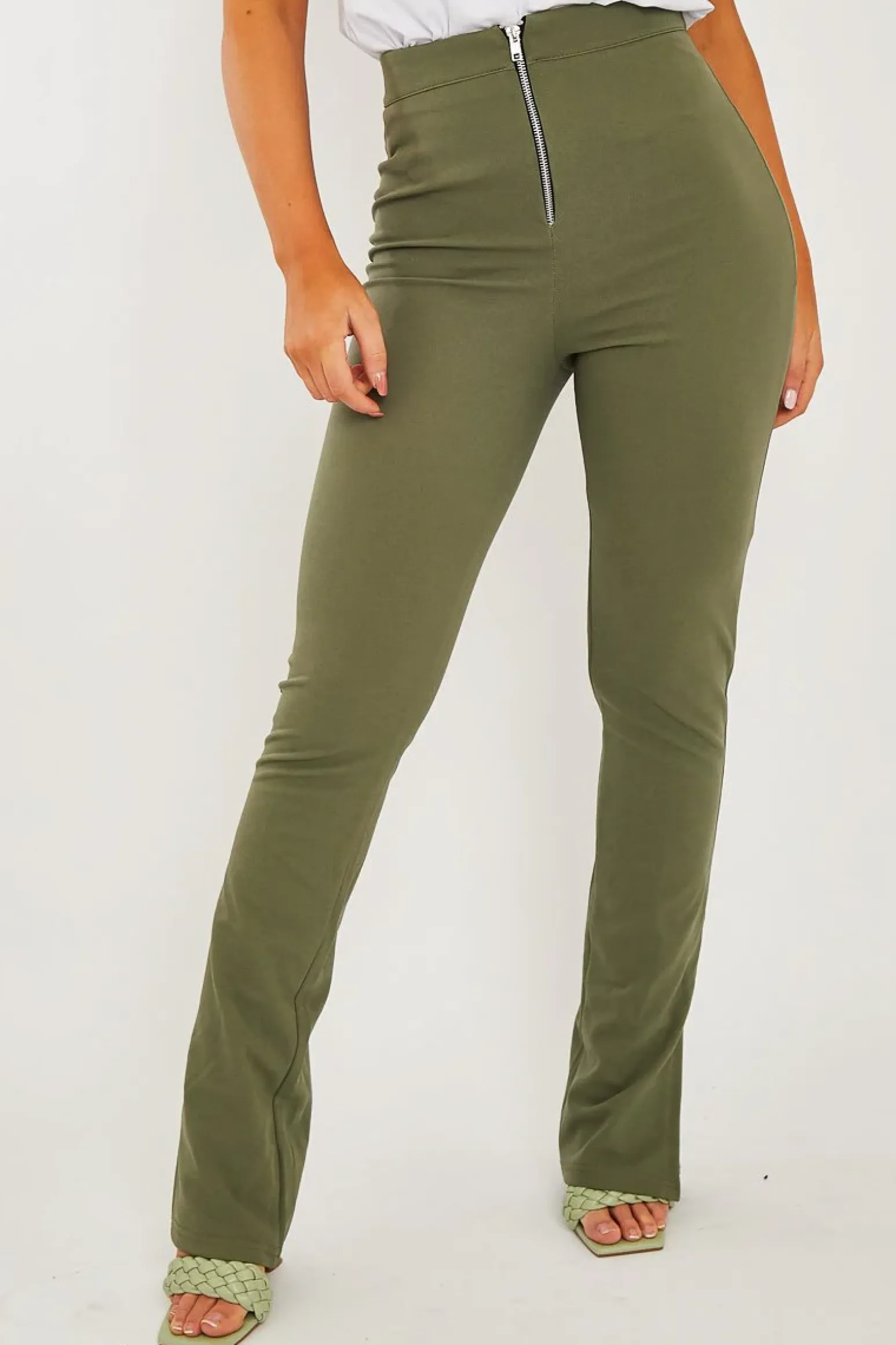 Rebellious Fashion Khaki Ring Zip Front Split Side Crepe Trousers - Ashton