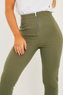 Rebellious Fashion Khaki Ring Zip Front Split Side Crepe Trousers - Ashton