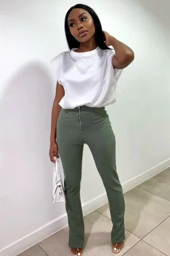 Rebellious Fashion Khaki Ring Zip Front Split Side Crepe Trousers - Ashton