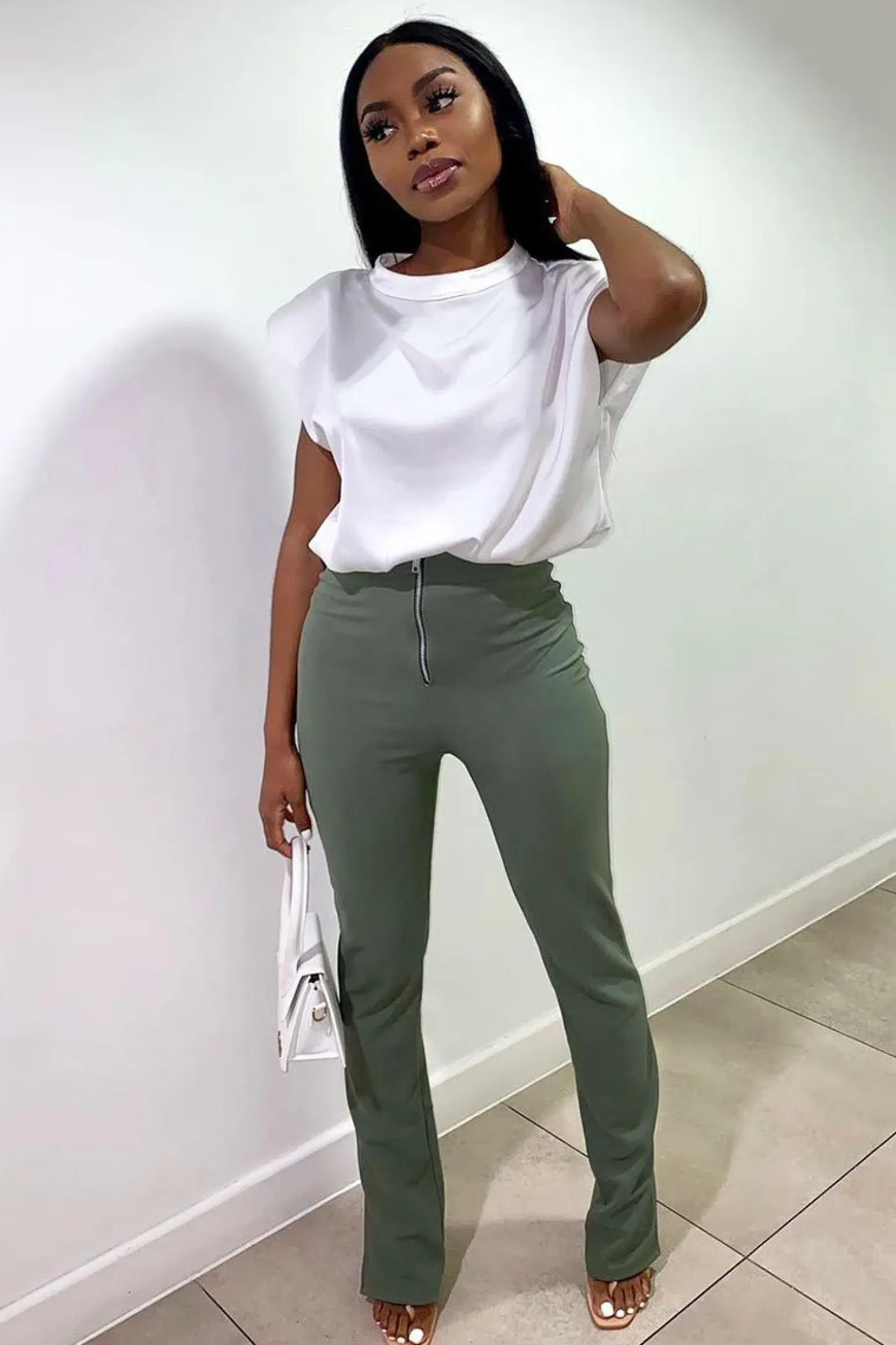 Rebellious Fashion Khaki Ring Zip Front Split Side Crepe Trousers - Ashton