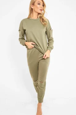 Rebellious Fashion Khaki Ripped Knee Cut Out Loungewear Set - Demmi