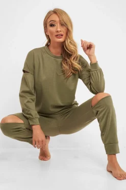 Rebellious Fashion Khaki Ripped Knee Cut Out Loungewear Set - Demmi