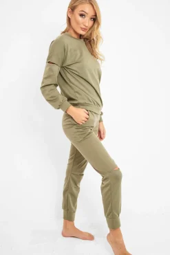 Rebellious Fashion Khaki Ripped Knee Cut Out Loungewear Set - Demmi