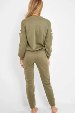 Rebellious Fashion Khaki Ripped Knee Cut Out Loungewear Set - Demmi