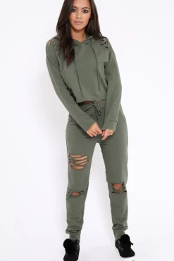 Rebellious Fashion Khaki Ripped Loungewear Set - Natalia