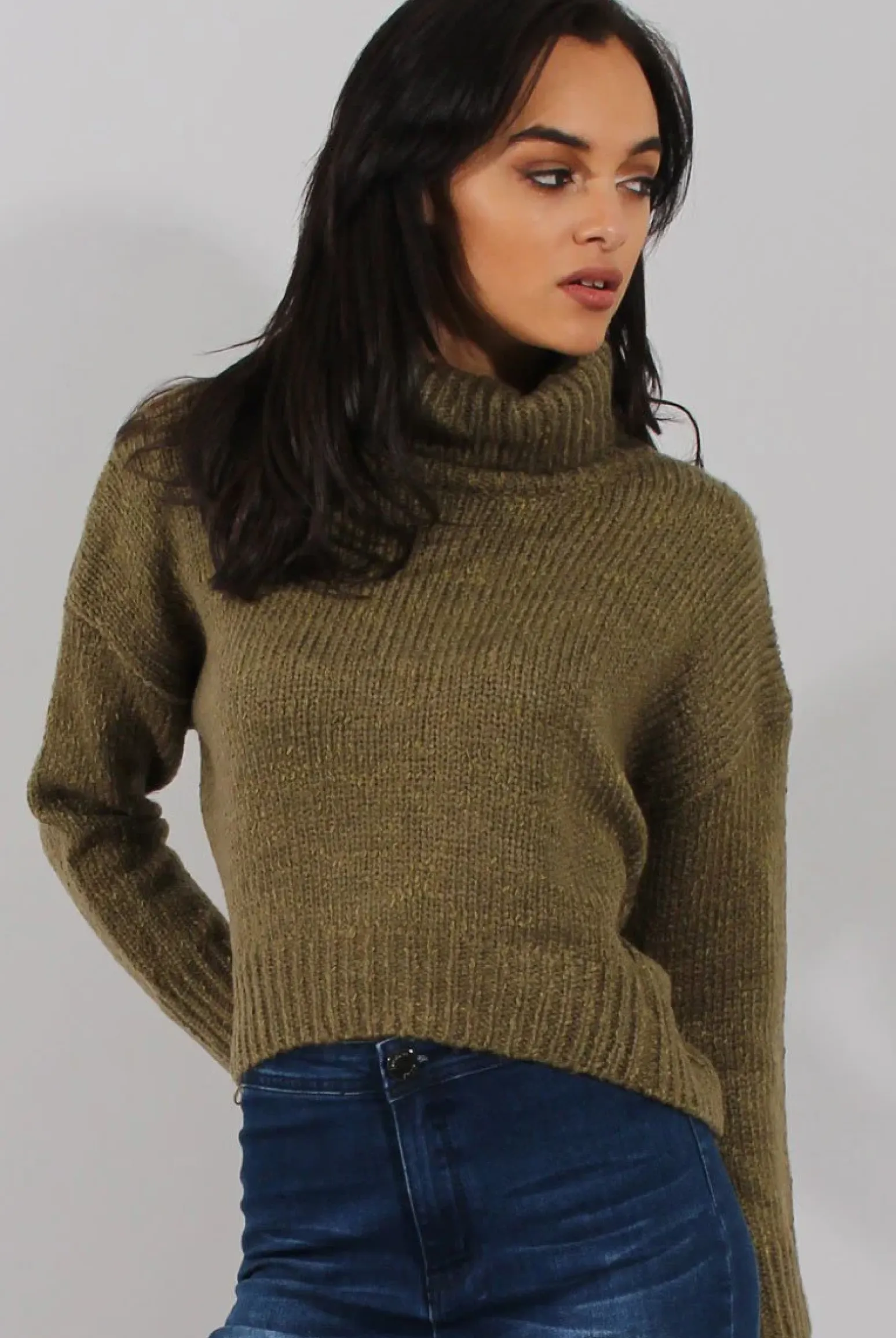 Rebellious Fashion Khaki Rollneck Knitted Cropped Jumper - Regean