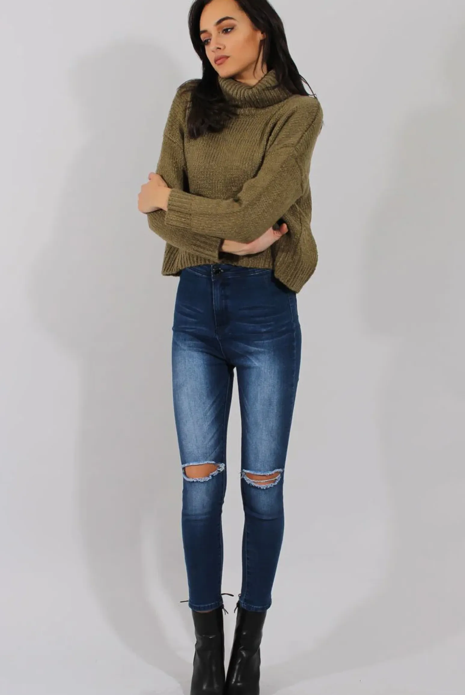 Rebellious Fashion Khaki Rollneck Knitted Cropped Jumper - Regean