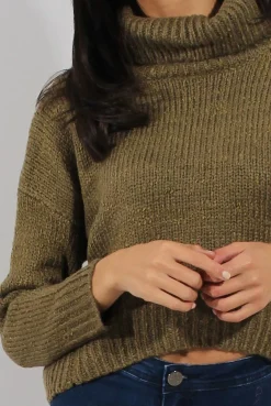 Rebellious Fashion Khaki Rollneck Knitted Cropped Jumper - Regean