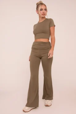 Rebellious Fashion Khaki Round Neck Cropped Top & Flared Leg Trousers Co-ord - Charlett