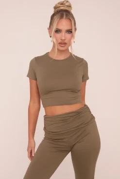 Rebellious Fashion Khaki Round Neck Cropped Top & Flared Leg Trousers Co-ord - Charlett