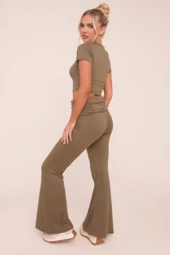Rebellious Fashion Khaki Round Neck Cropped Top & Flared Leg Trousers Co-ord - Charlett