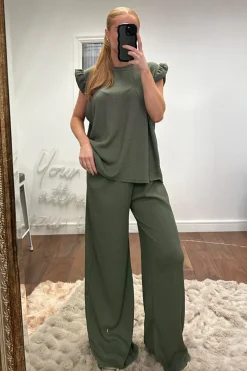 Rebellious Fashion Khaki Round Neck Frill Sleeve Top & Straight Leg Trousers Co-ord Set - Ruby