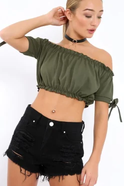 Rebellious Fashion Khaki Ruched Bardot Gypsy Crop Top - Janette