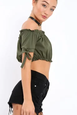 Rebellious Fashion Khaki Ruched Bardot Gypsy Crop Top - Janette