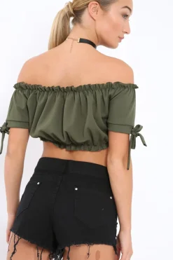 Rebellious Fashion Khaki Ruched Bardot Gypsy Crop Top - Janette