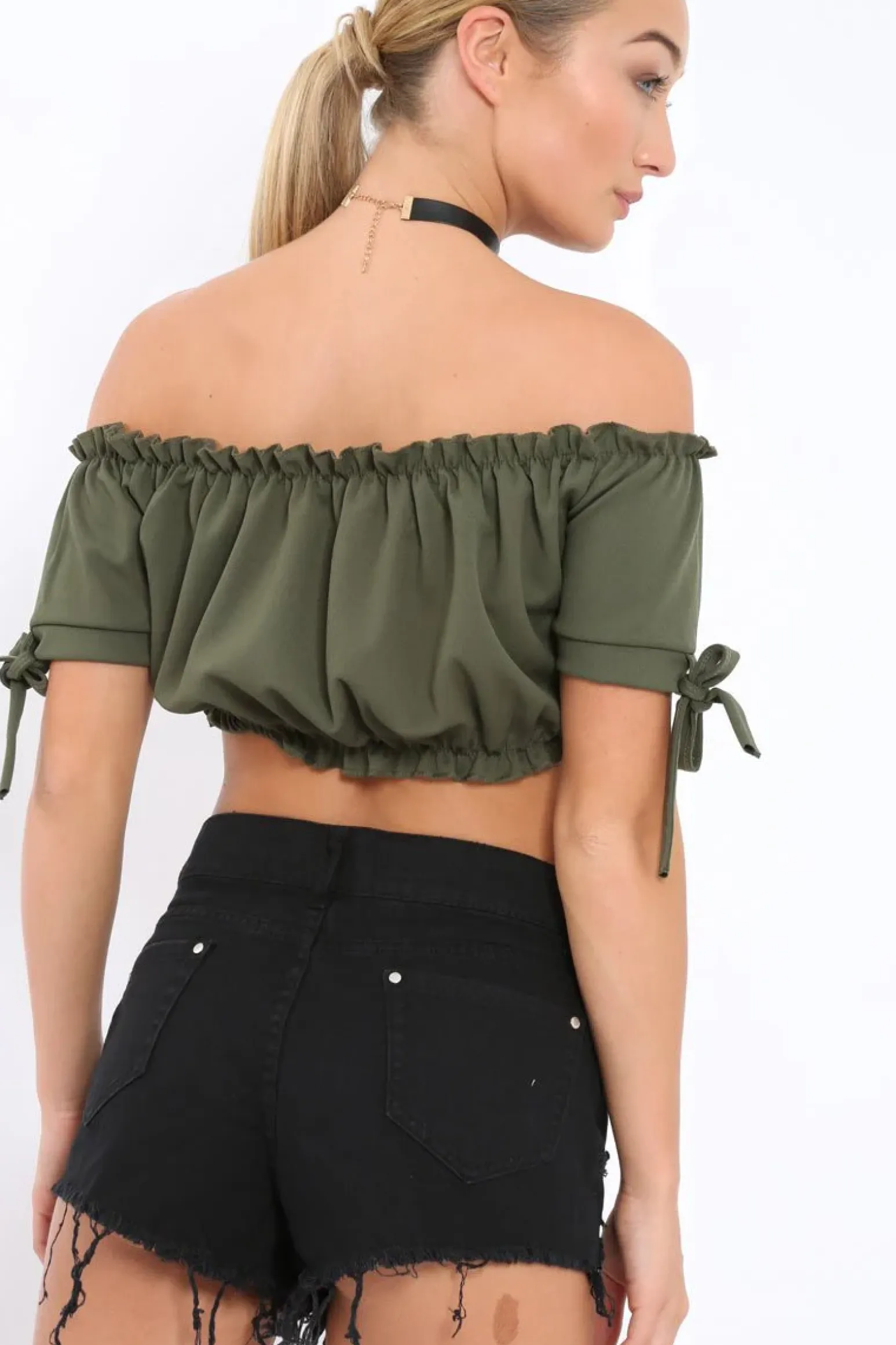 Rebellious Fashion Khaki Ruched Bardot Gypsy Crop Top - Janette