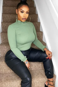 Rebellious Fashion Khaki Ruffle Neck Bodysuit - Trudy