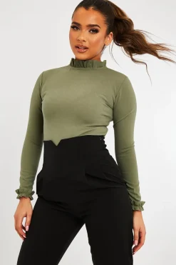 Rebellious Fashion Khaki Ruffle Neck Bodysuit - Trudy