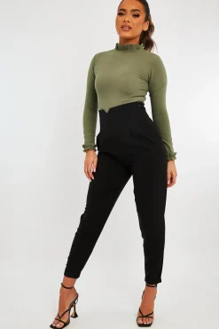 Rebellious Fashion Khaki Ruffle Neck Bodysuit - Trudy