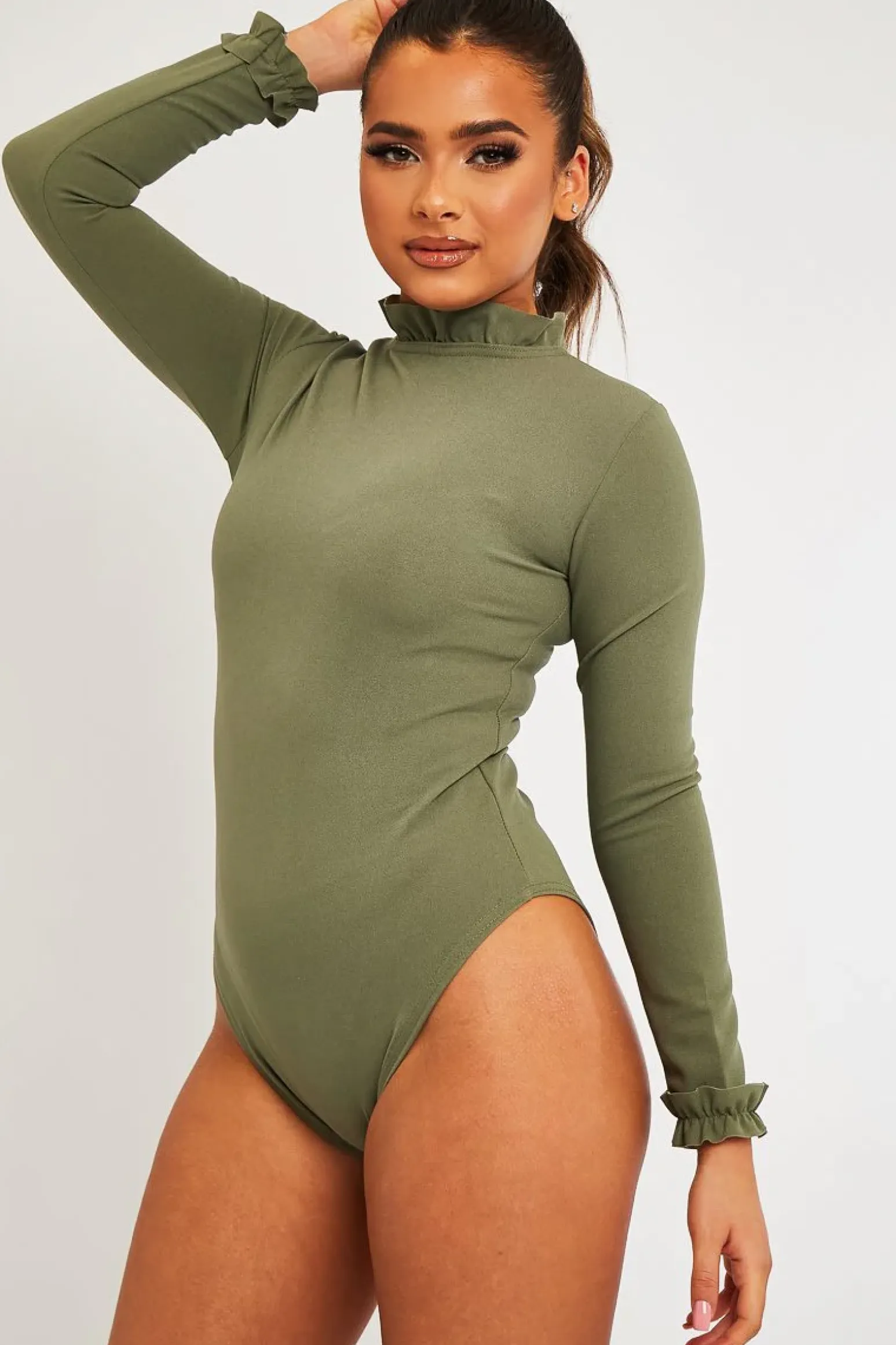 Rebellious Fashion Khaki Ruffle Neck Bodysuit - Trudy