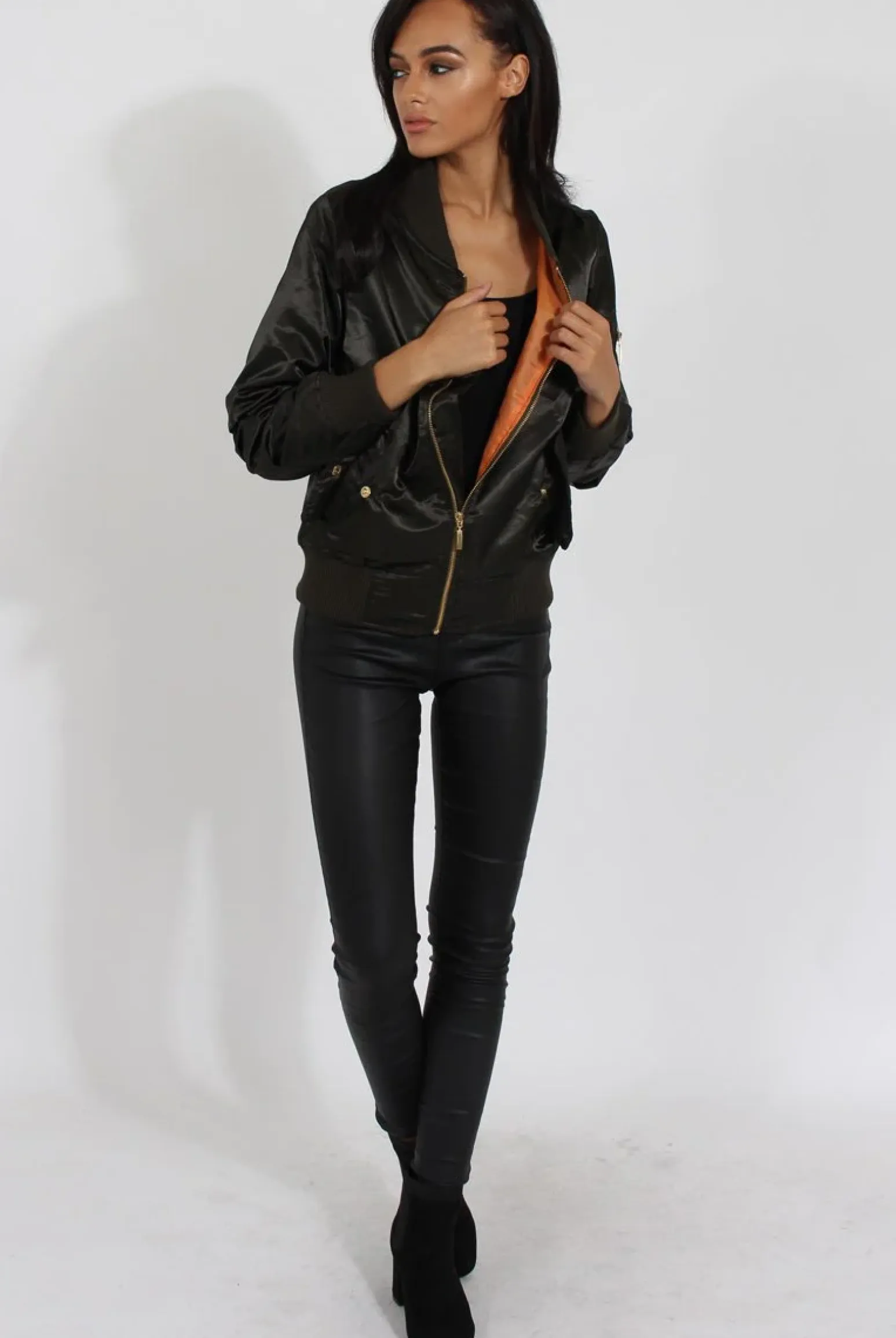 Rebellious Fashion Khaki Satin Bomber Jacket - Neve