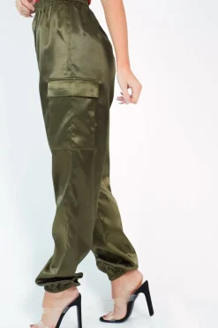 Rebellious Fashion Khaki Satin Cargo Trousers - Khyla