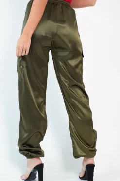 Rebellious Fashion Khaki Satin Cargo Trousers - Khyla