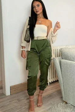 Rebellious Fashion Khaki Satin Utility Pocket Cuffed Hem Trousers - Delilah