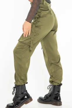Rebellious Fashion Khaki Satin Utility Pocket Cuffed Hem Trousers - Delilah