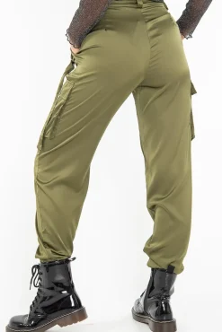 Rebellious Fashion Khaki Satin Utility Pocket Cuffed Hem Trousers - Delilah