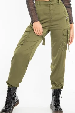 Rebellious Fashion Khaki Satin Utility Pocket Cuffed Hem Trousers - Delilah