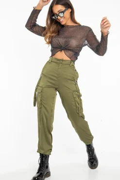 Rebellious Fashion Khaki Satin Utility Pocket Cuffed Hem Trousers - Delilah