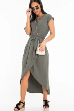 Rebellious Fashion Khaki Scoop Neck Belted Wrap Maxi Dress - Allie