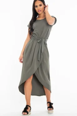 Rebellious Fashion Khaki Scoop Neck Belted Wrap Maxi Dress - Allie