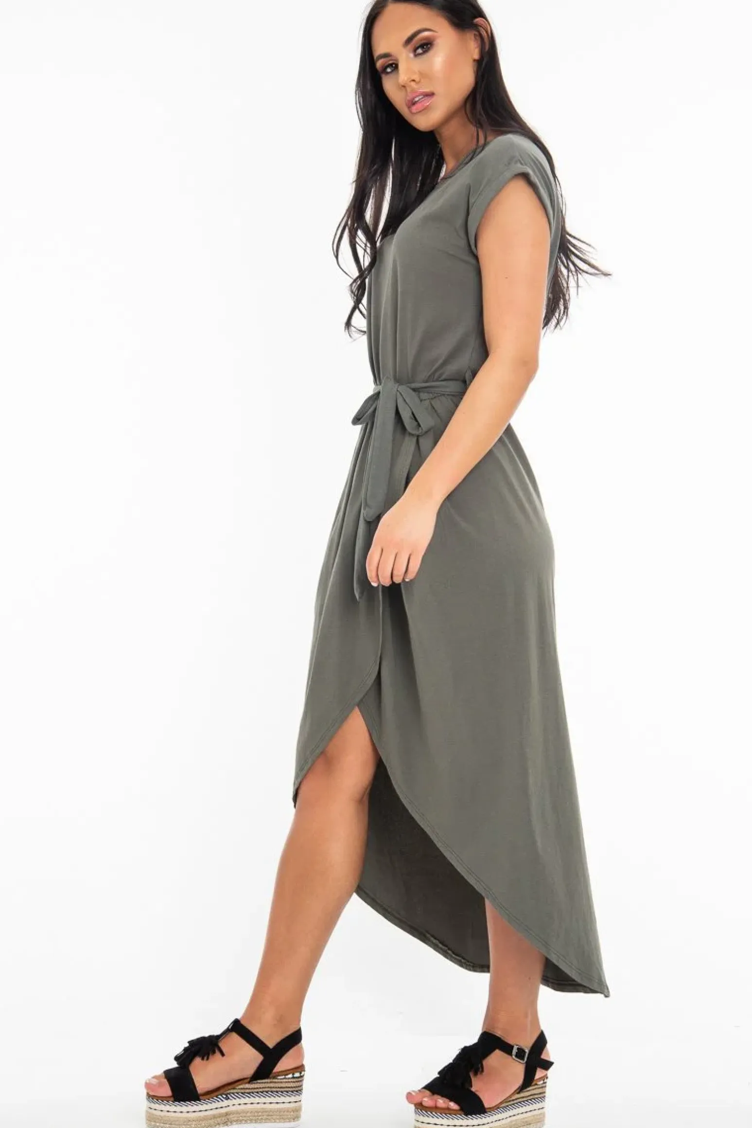 Rebellious Fashion Khaki Scoop Neck Belted Wrap Maxi Dress - Allie