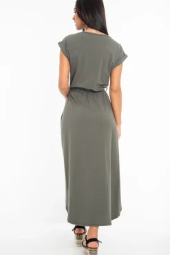 Rebellious Fashion Khaki Scoop Neck Belted Wrap Maxi Dress - Allie