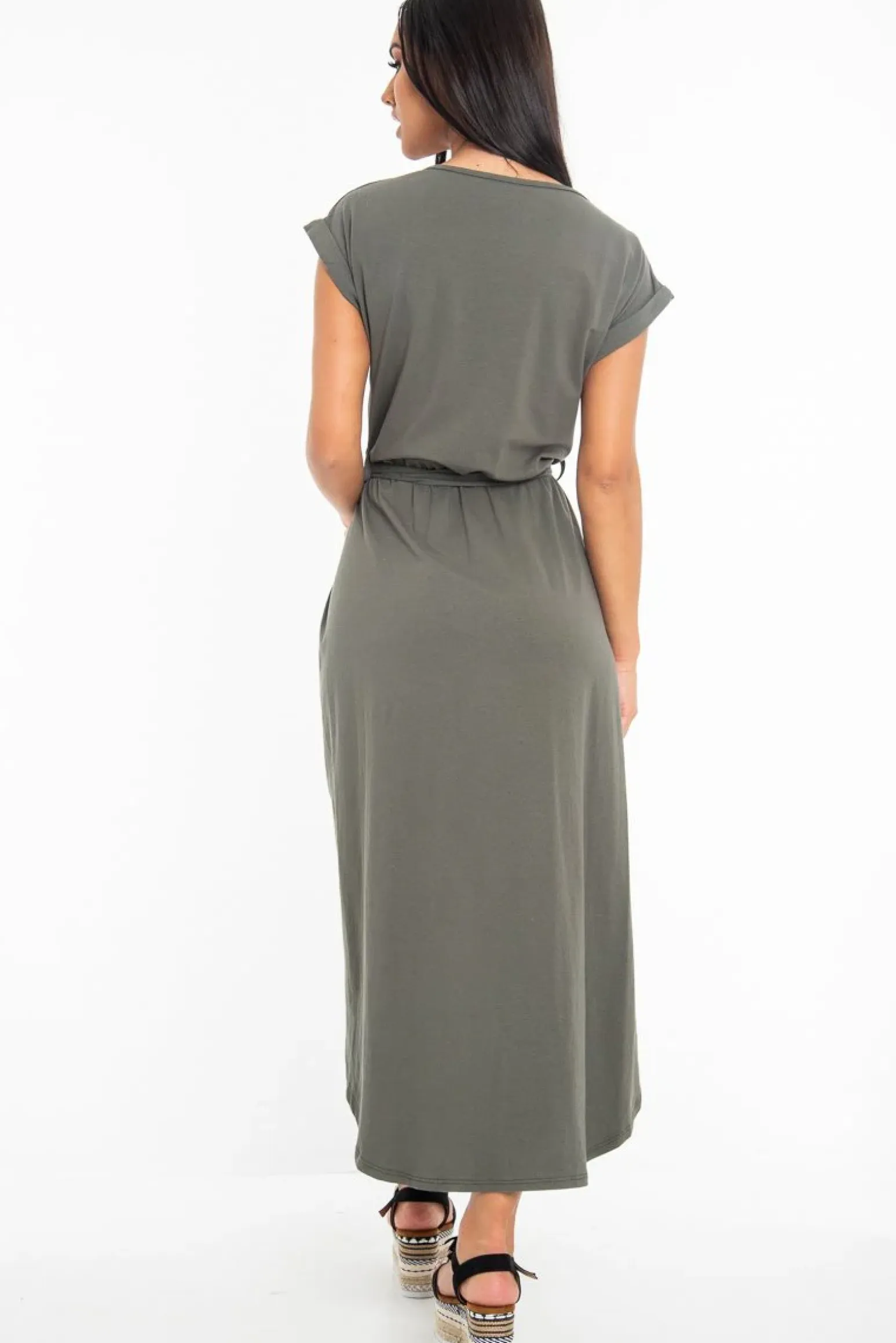 Rebellious Fashion Khaki Scoop Neck Belted Wrap Maxi Dress - Allie