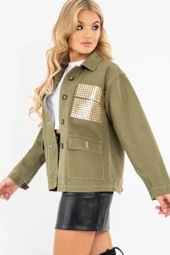 Rebellious Fashion Khaki Sequin Pocket Button Denim Jacket - Celeste