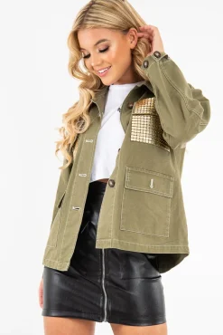 Rebellious Fashion Khaki Sequin Pocket Button Denim Jacket - Celeste