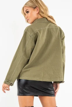 Rebellious Fashion Khaki Sequin Pocket Button Denim Jacket - Celeste