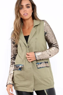 Rebellious Fashion Khaki Sequin Sleeves and Pockets Jacket - Dakota