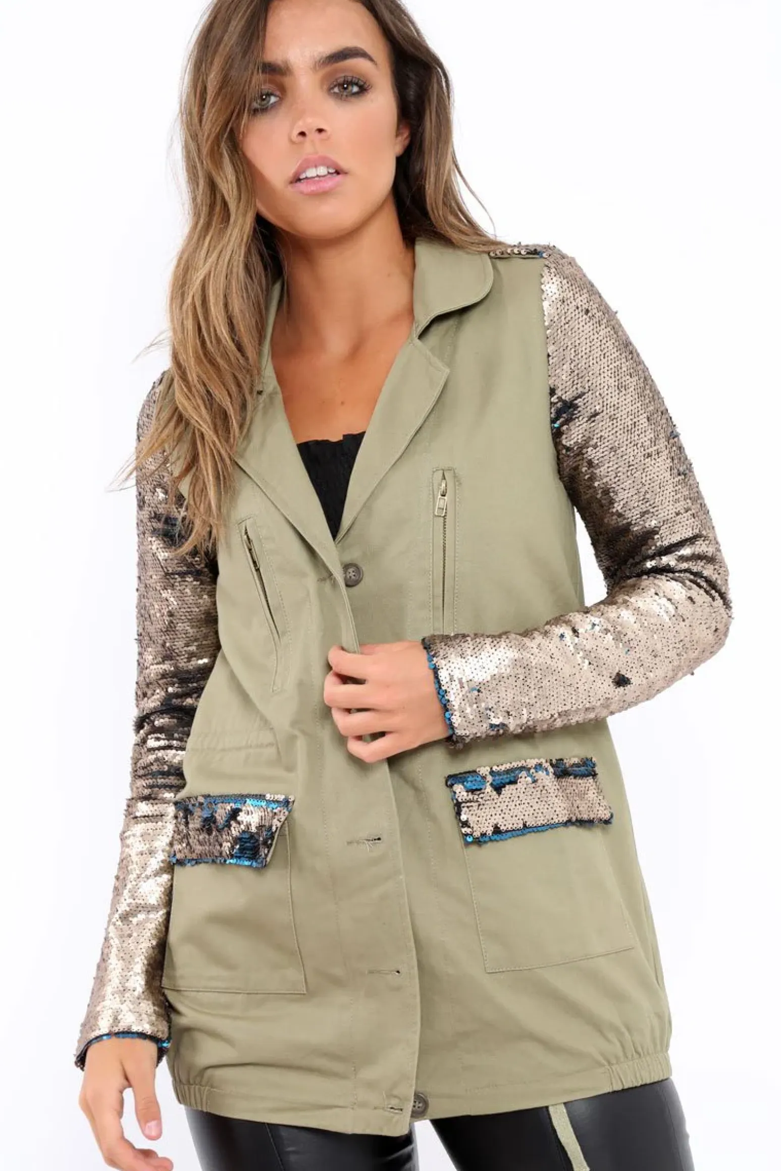Rebellious Fashion Khaki Sequin Sleeves and Pockets Jacket - Dakota