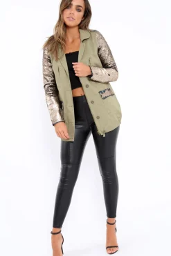 Rebellious Fashion Khaki Sequin Sleeves and Pockets Jacket - Dakota