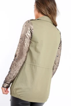 Rebellious Fashion Khaki Sequin Sleeves and Pockets Jacket - Dakota