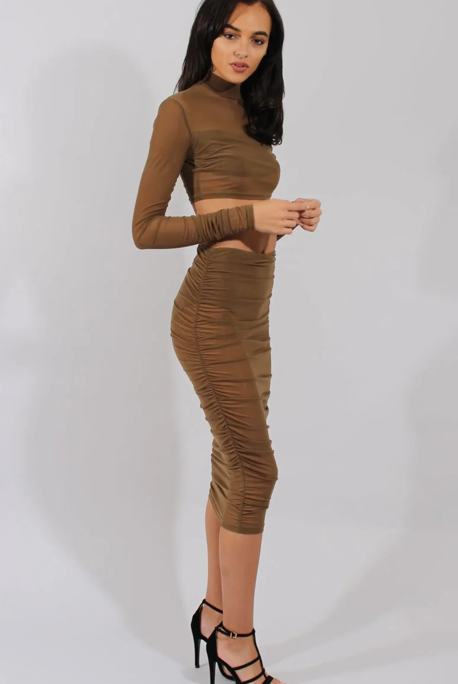 Rebellious Fashion Khaki Sheer Ruched Co-ord - Kerry
