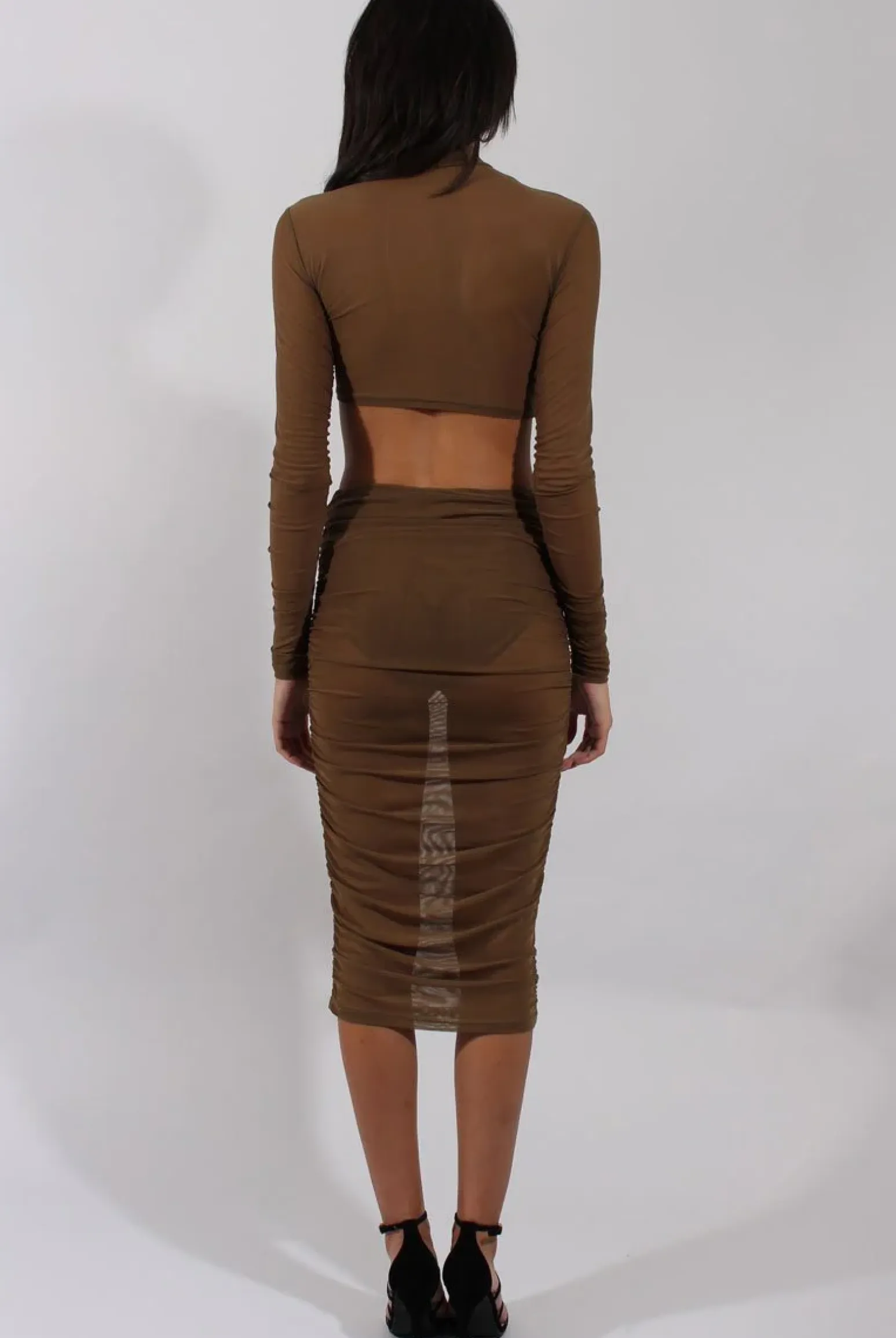 Rebellious Fashion Khaki Sheer Ruched Co-ord - Kerry