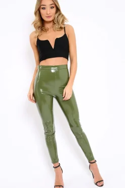 Rebellious Fashion Khaki Shiny Vinyl PU Leggings - Rio